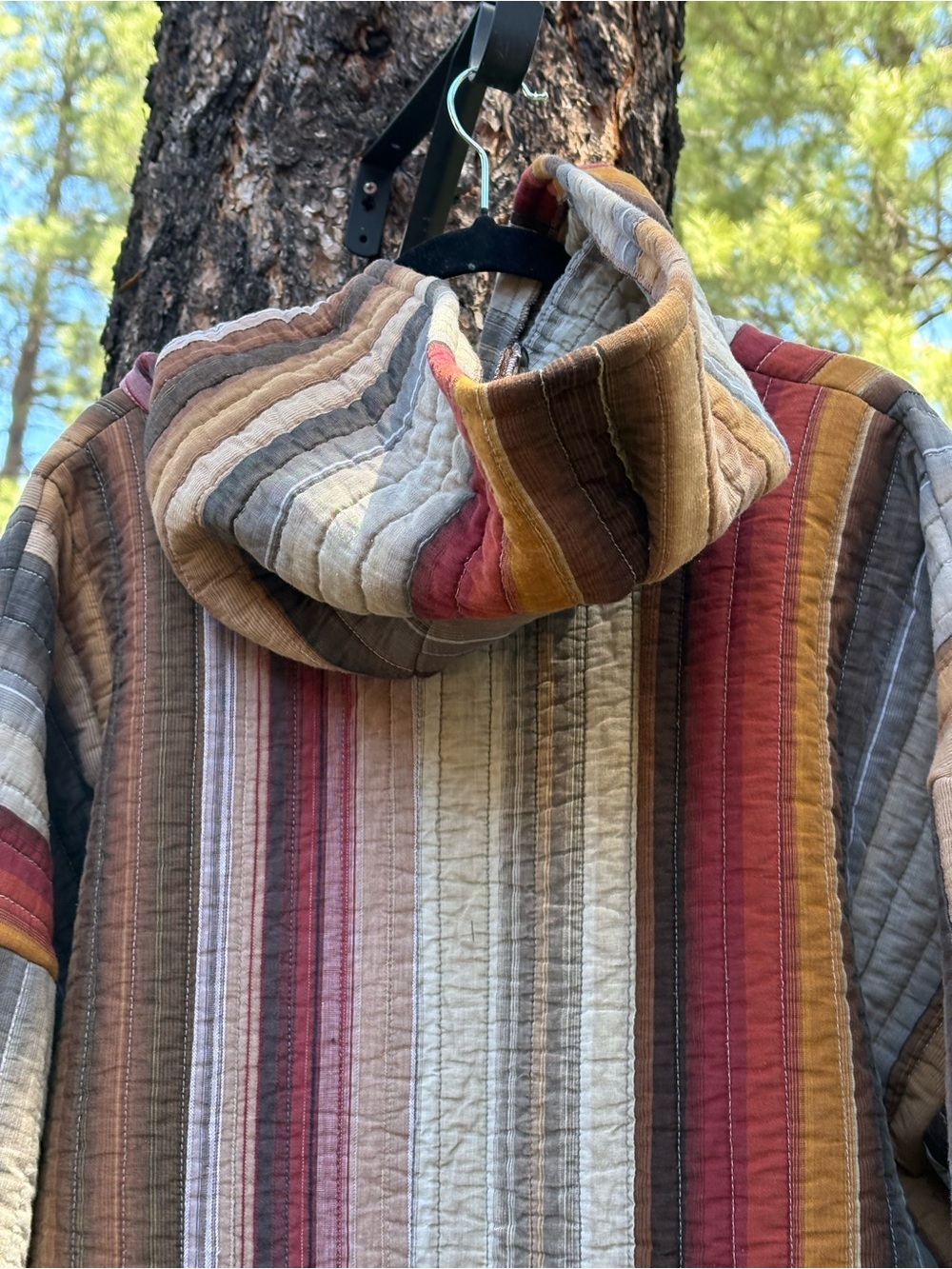 XXL mens/3x woman’s Striped Hooded Quilted Upcycled Pullover - Earth Tones - Picture 4 of 9